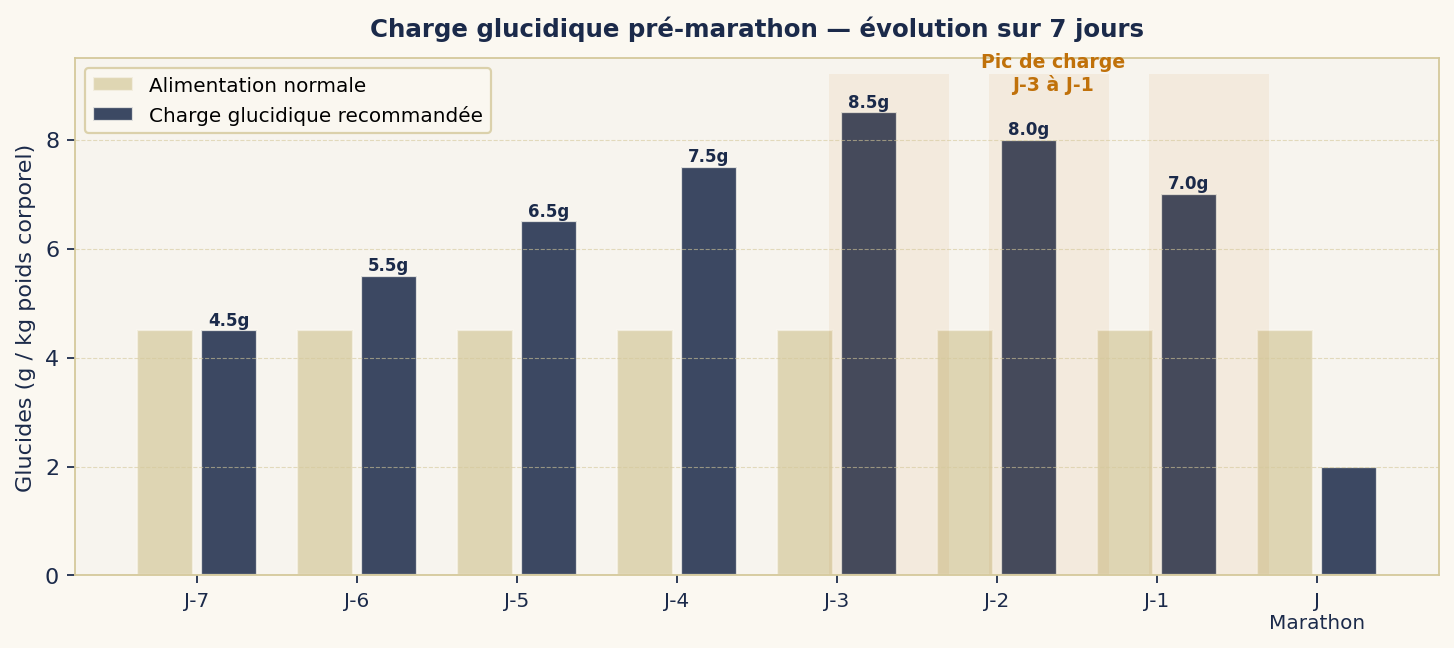 Charge glucidique pré-marathon — évolution sur 7 jours